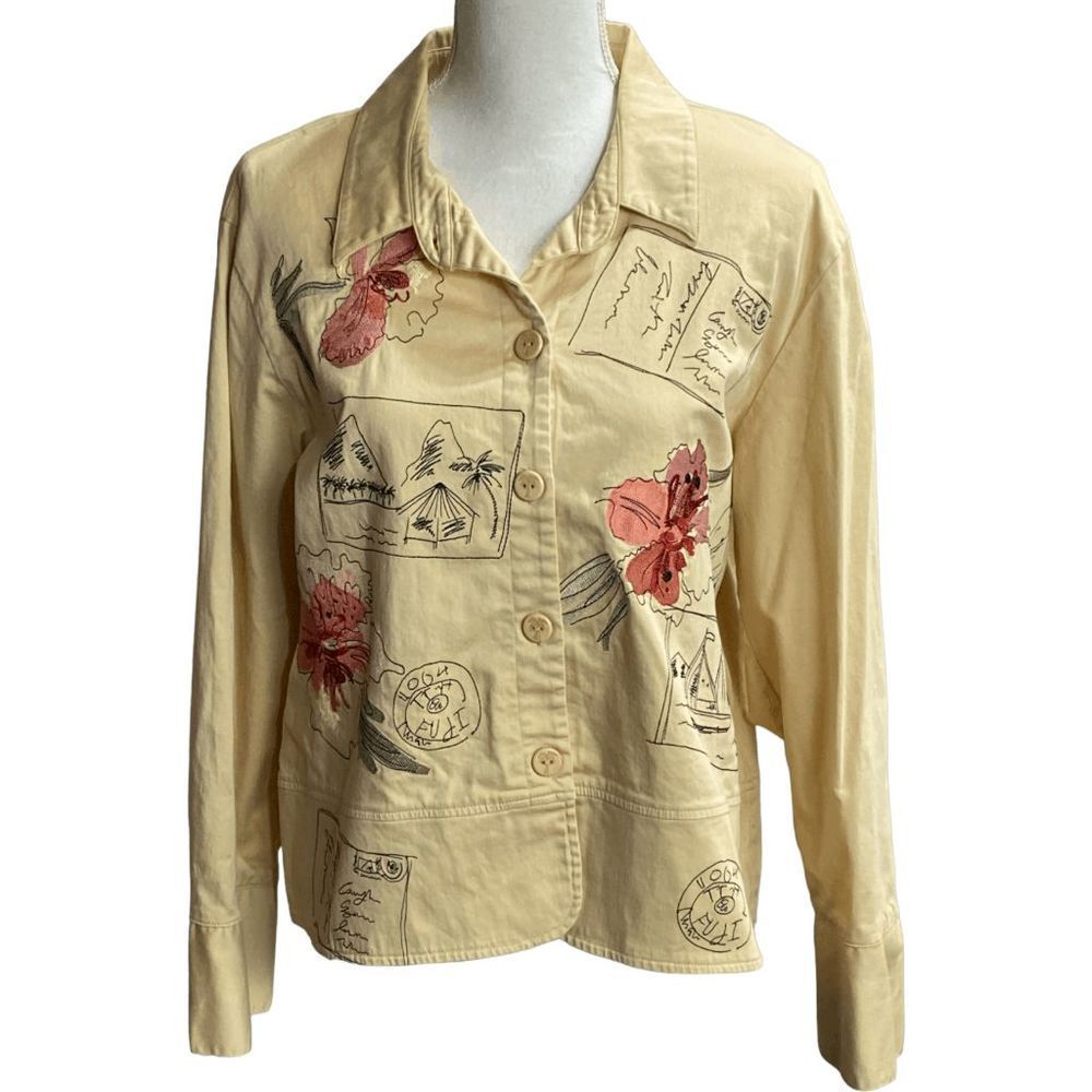 Hearts of Palm Cream Tropical Floral Embroidered Button Down Jacket Size 14